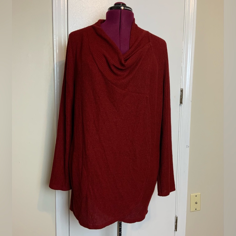 NWOT  CHICO’S Knitwear Cowl Neck Tulip Front Tunic  Cardigan Burgundy 16/1…